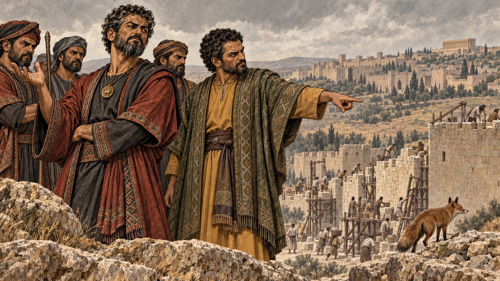 Sanballat and Tobiah mock the rebuilding before Samarian officers while a fox crosses the rubble.