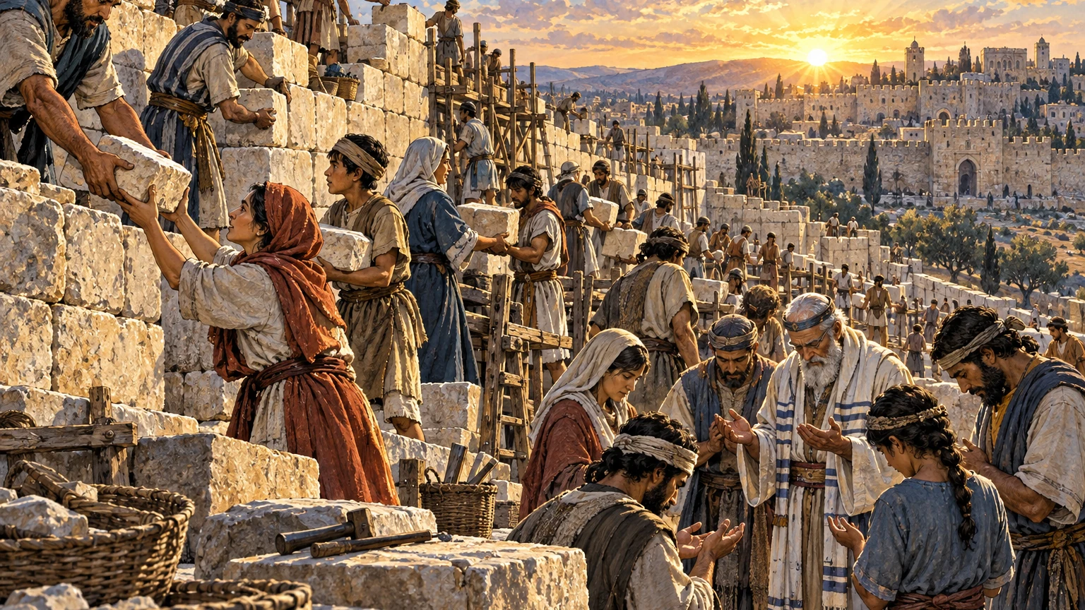 Jerusalem's community prays and passes stones along a continuous wall rising at dawn.