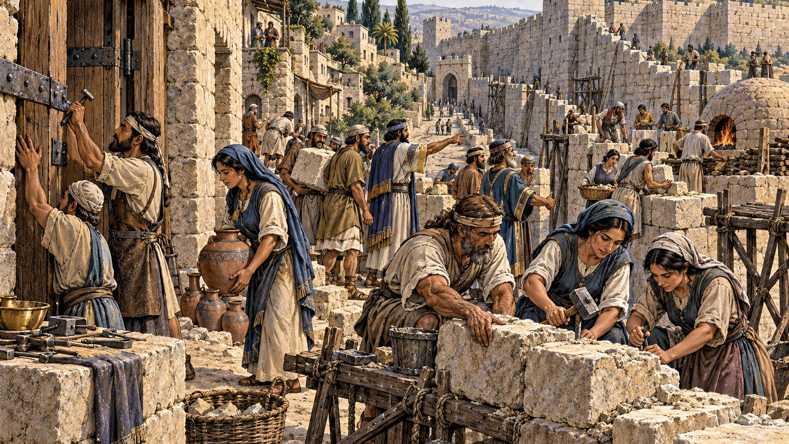 Artisans, officials, families, and Shallum's daughters rebuild beside the Old Gate and Broad Wall.