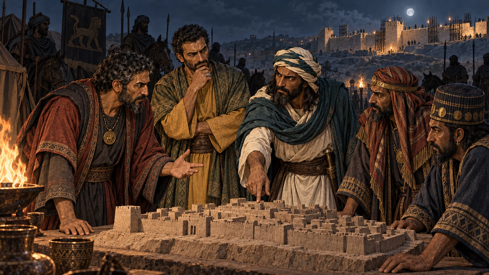 Sanballat, Tobiah, Geshem, and neighboring envoys plan around a clay model of Jerusalem at night.