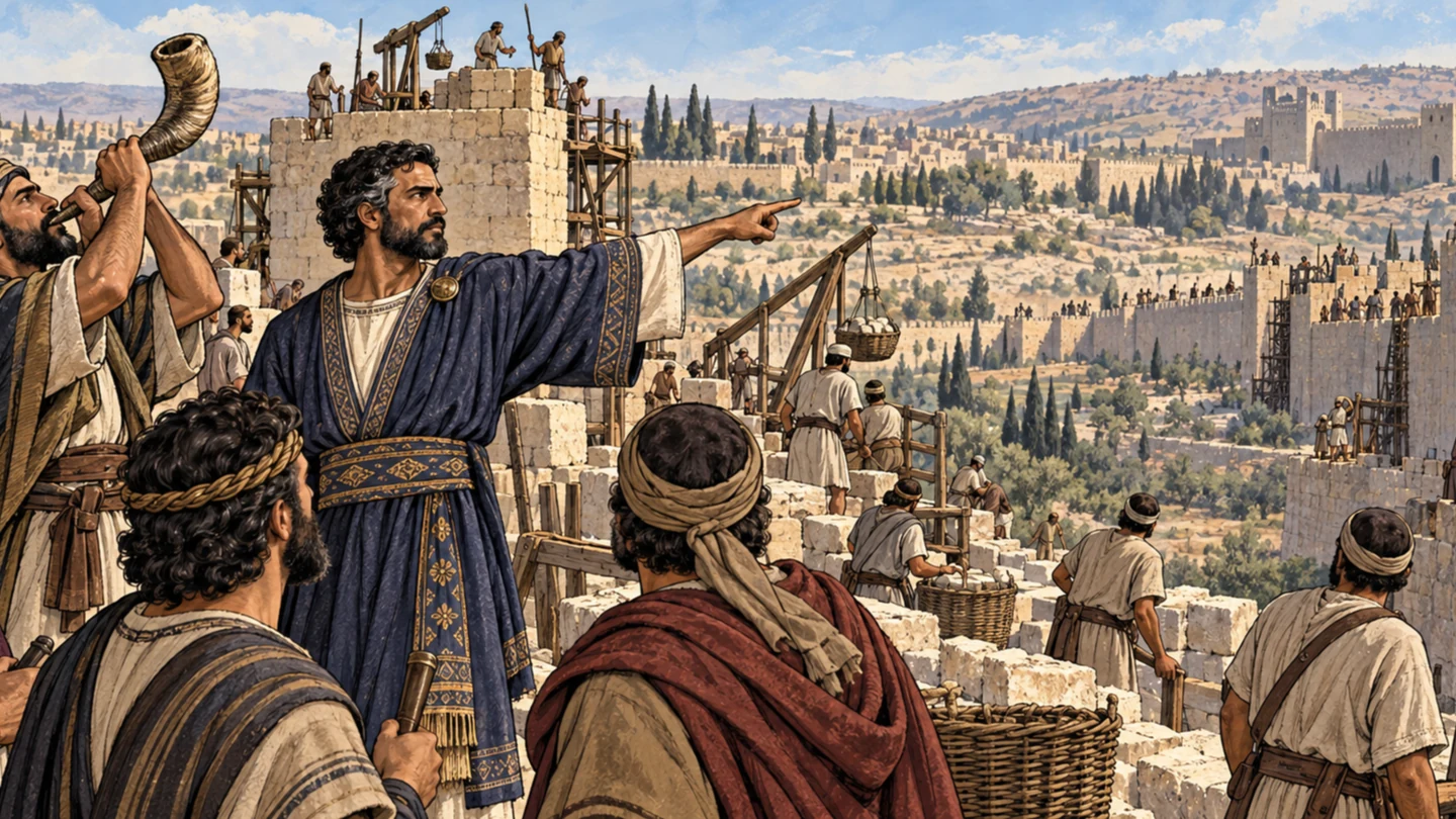Nehemiah points along widely separated wall crews as a trumpeter demonstrates the rally signal.