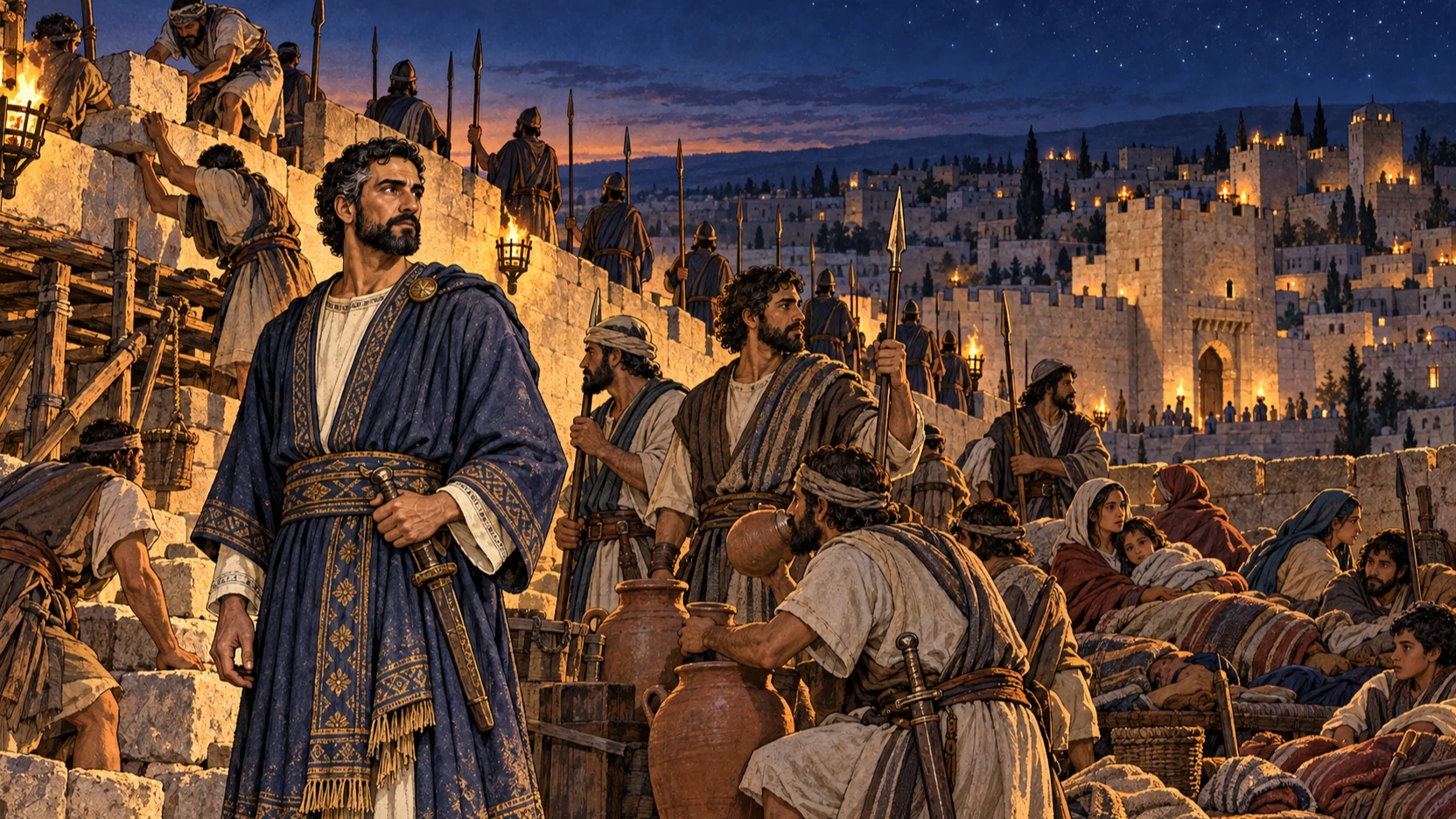 Nehemiah and fully clothed guards remain alert while families rest inside Jerusalem under the stars.