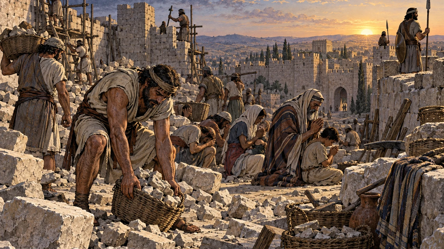 Exhausted burden bearers pause among rubble as families pray and sentries watch the wall.