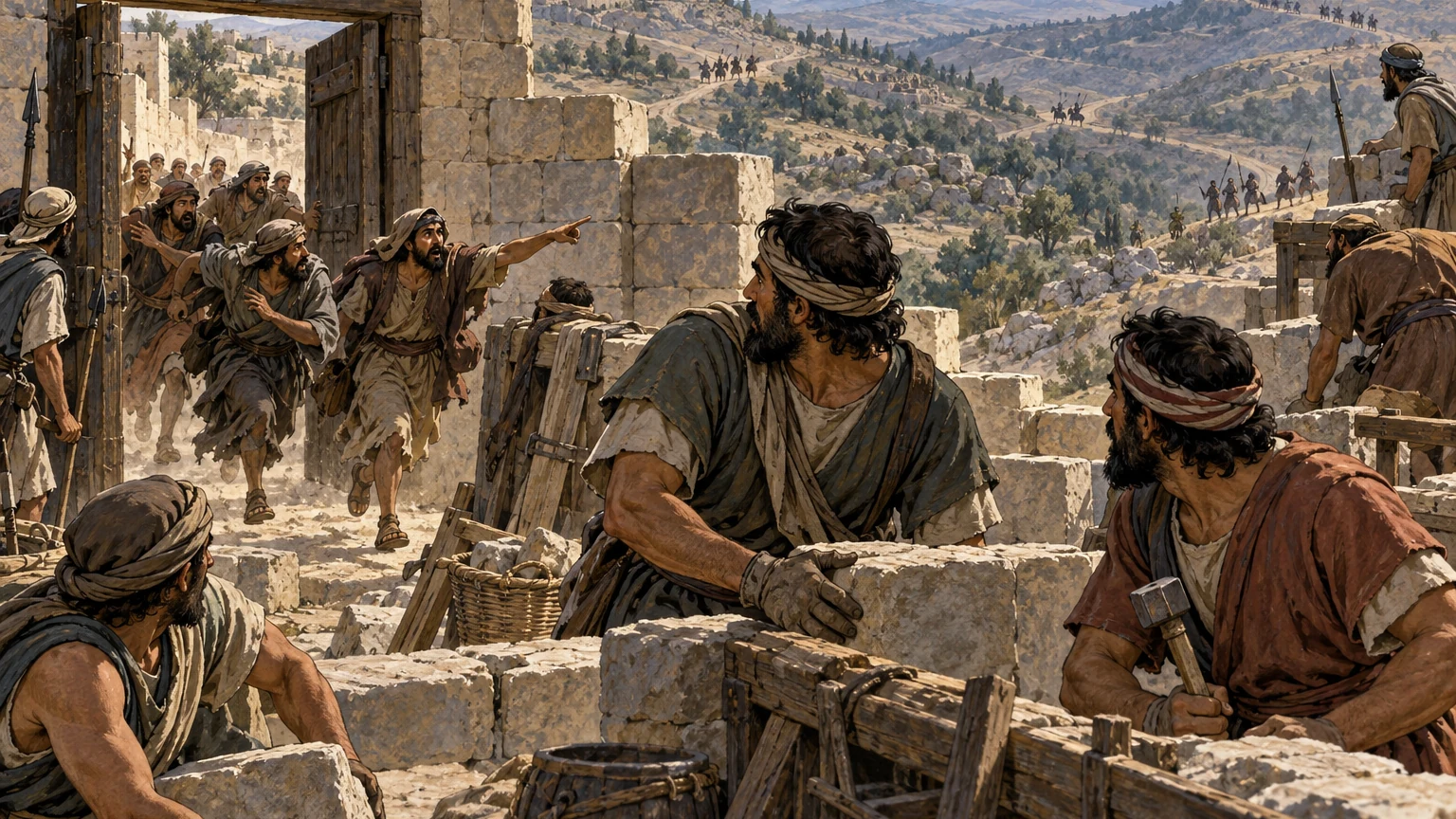 Messengers rush through a low gate warning workers of hostile groups on several distant roads.