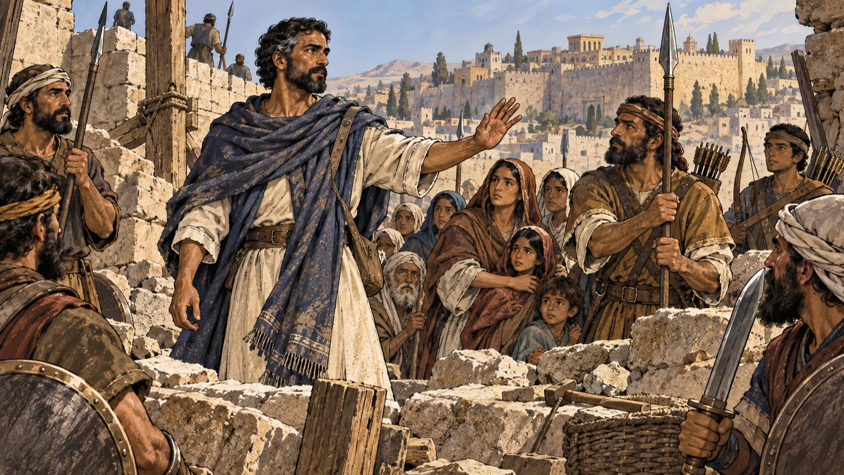Nehemiah steadies armed family groups stationed behind an exposed section of wall.