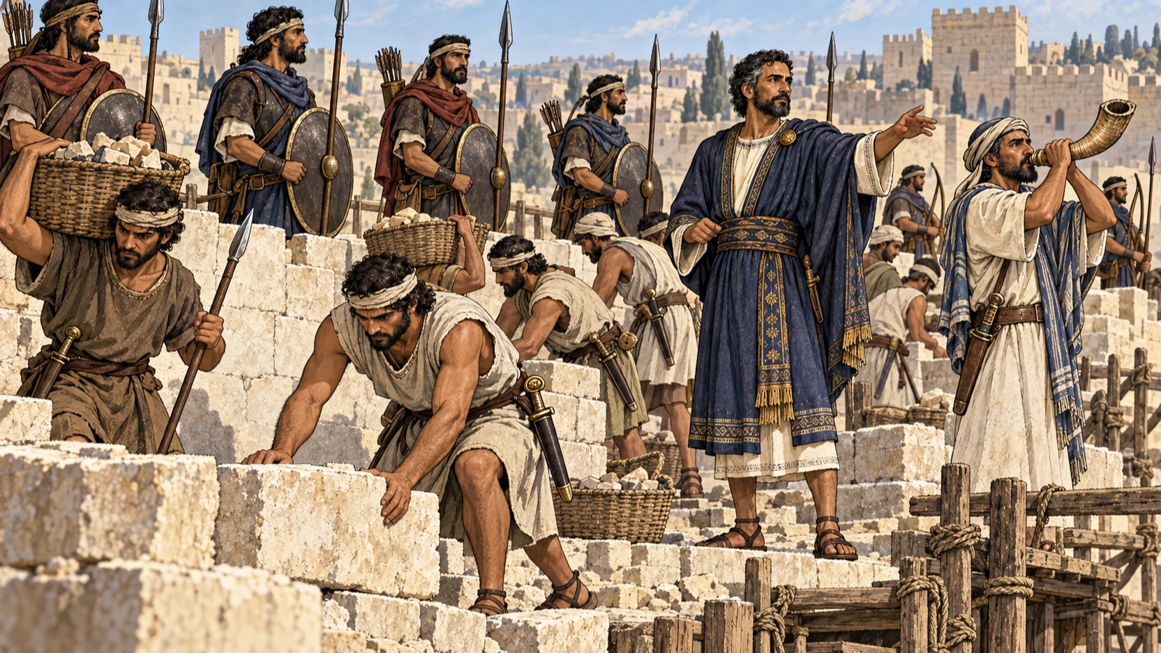 Builders work with swords at their sides while guards hold shields and Nehemiah stands beside a trumpeter.
