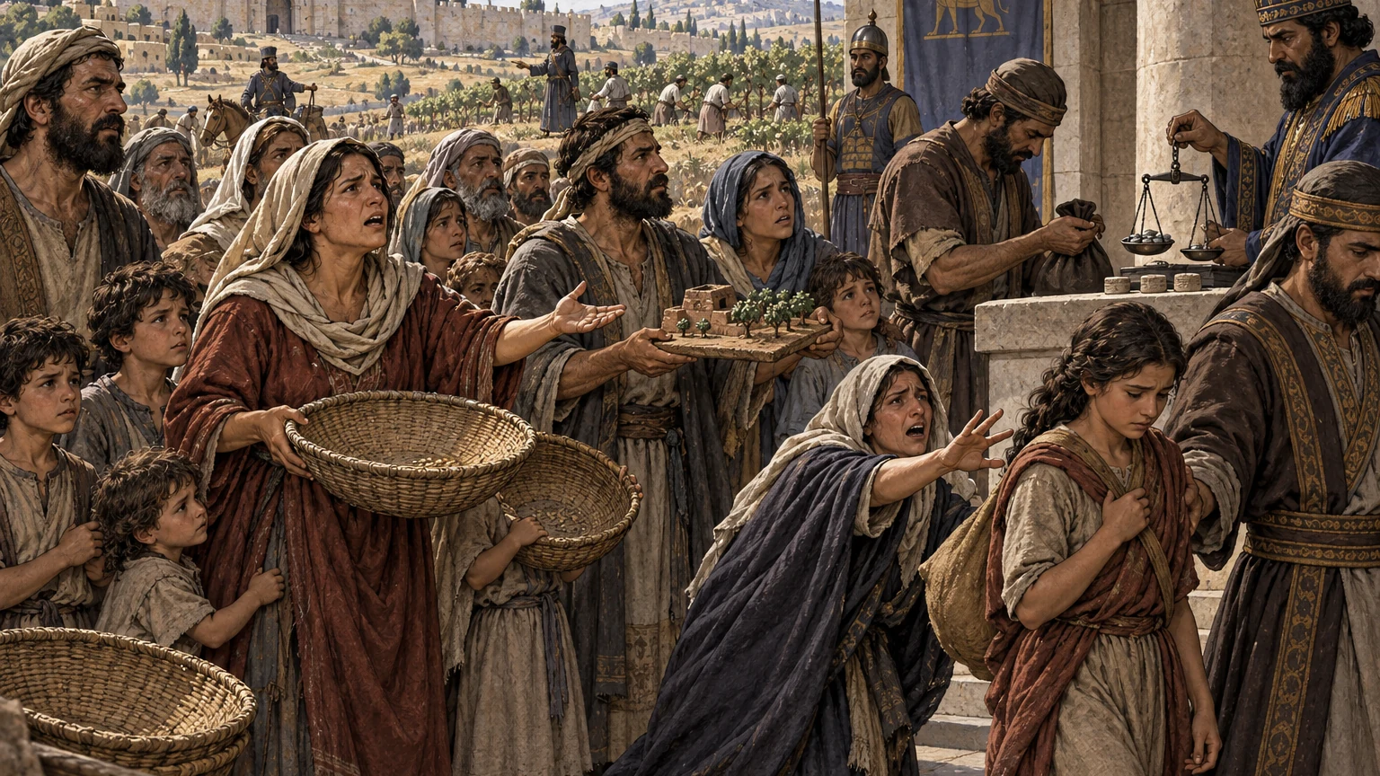 Mothers, fathers, and children bring empty baskets, mortgaged fields, taxes, and debt service before officials.