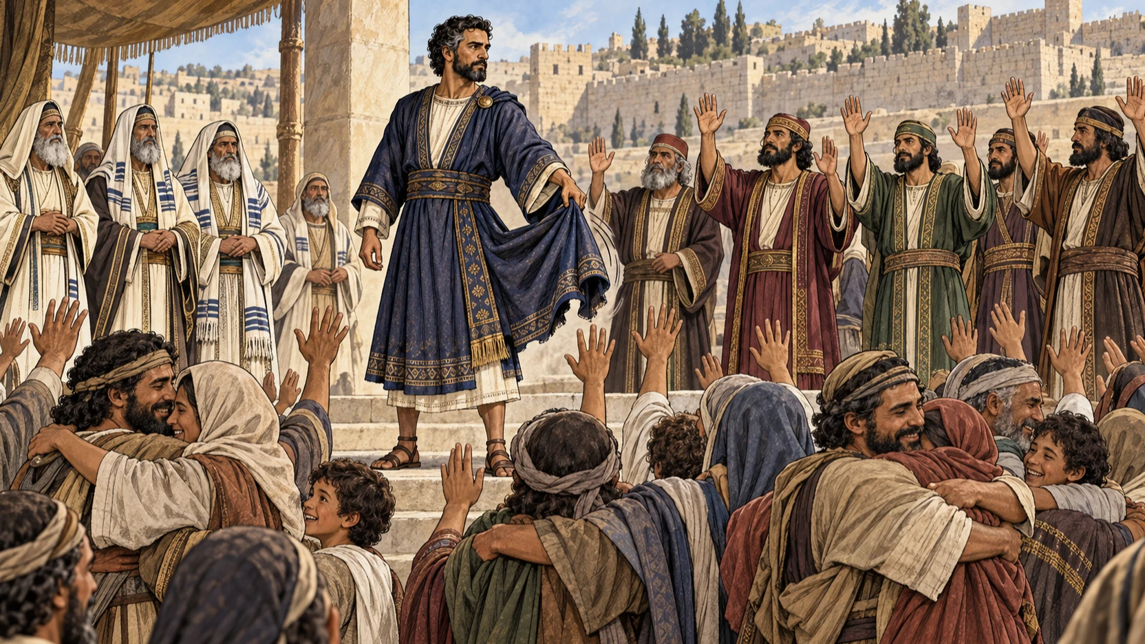Priests witness an oath as Nehemiah shakes out his garment and restored families embrace.