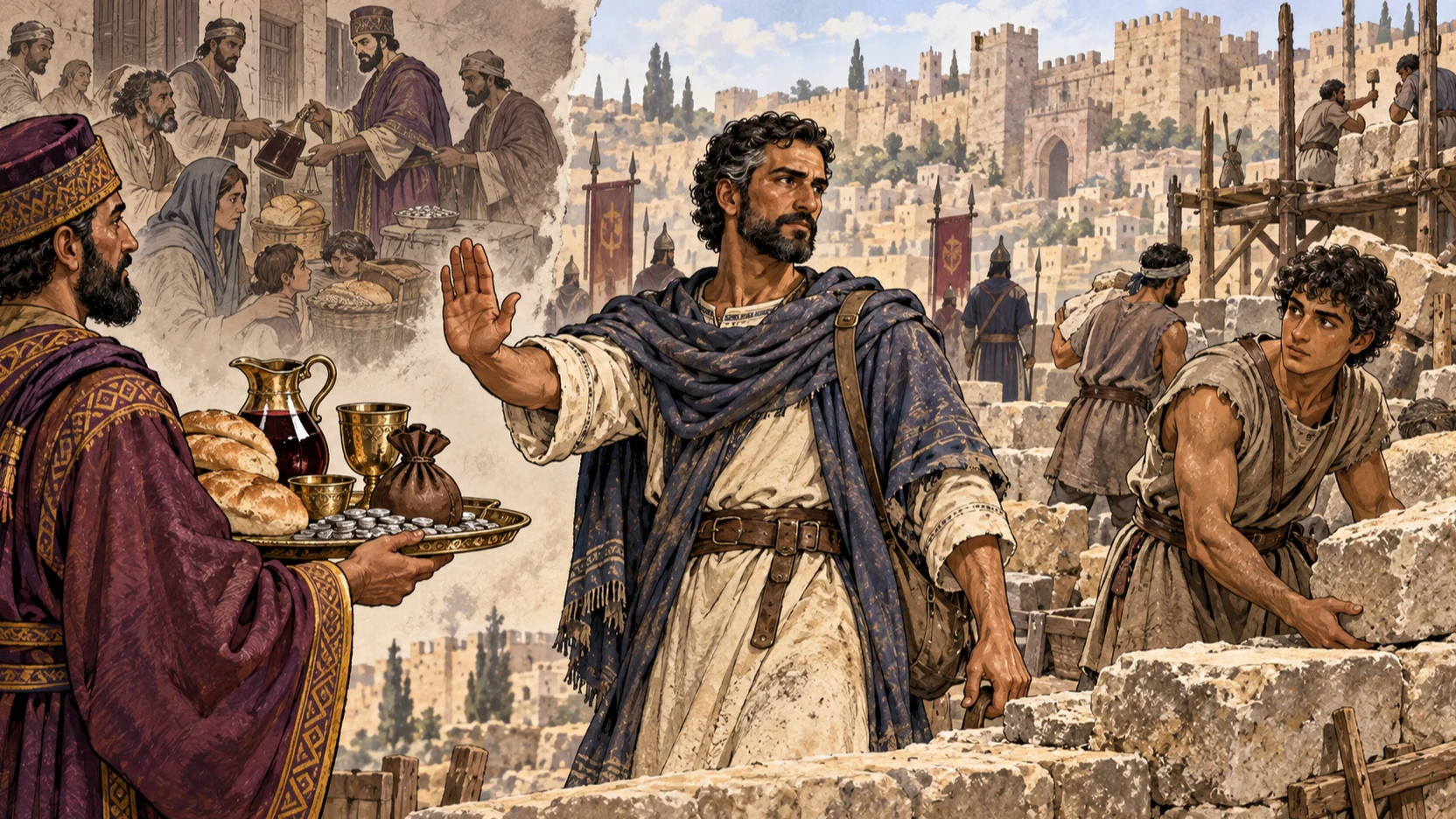 Nehemiah refuses a governor's allowance tray and turns toward workers rebuilding the wall.