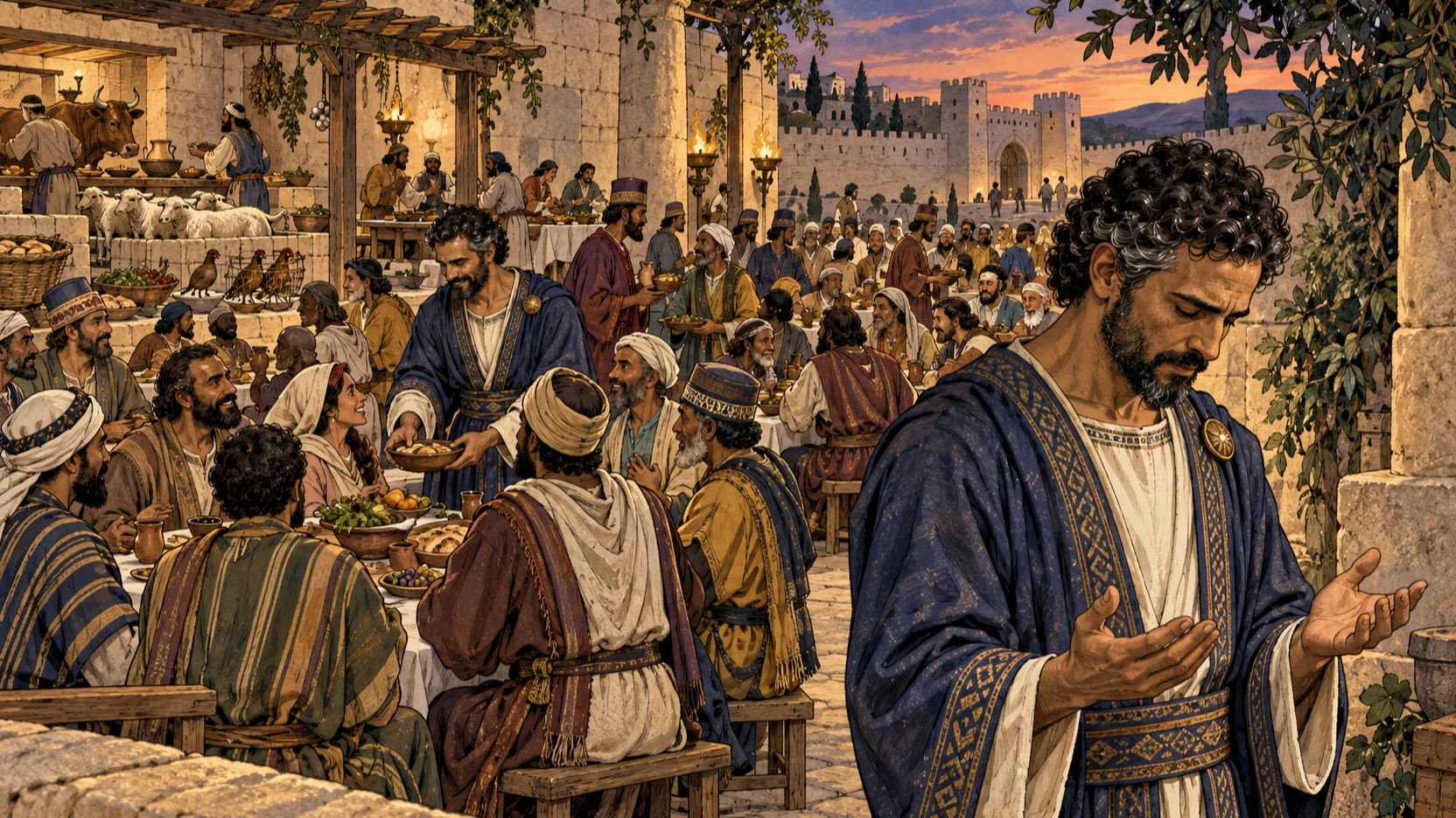 Nehemiah serves a large diverse courtyard meal, then steps aside beneath the evening sky to pray.