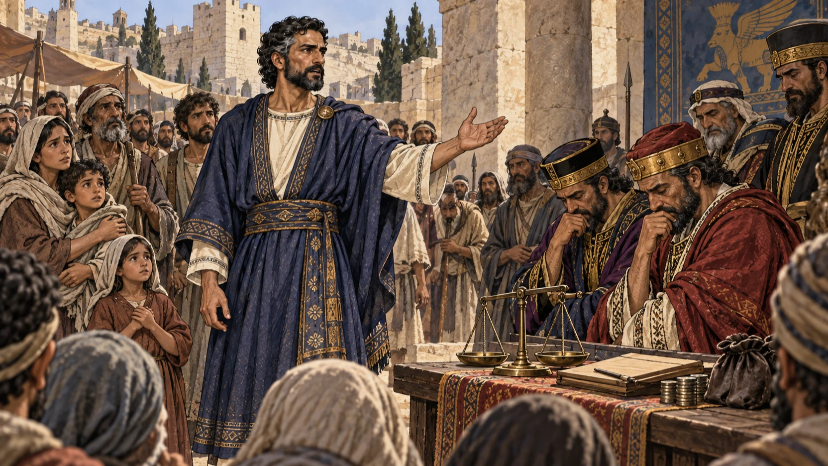 Nehemiah charges richly dressed nobles before gathered families as the accused lower their eyes.