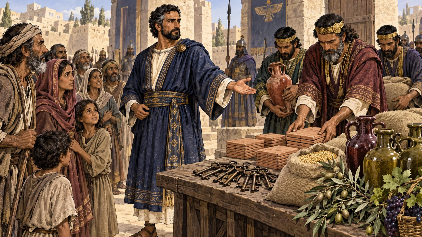 Nehemiah directs nobles returning keys, deeds, grain, wine, oil, vineyard fruit, and olive branches to families.