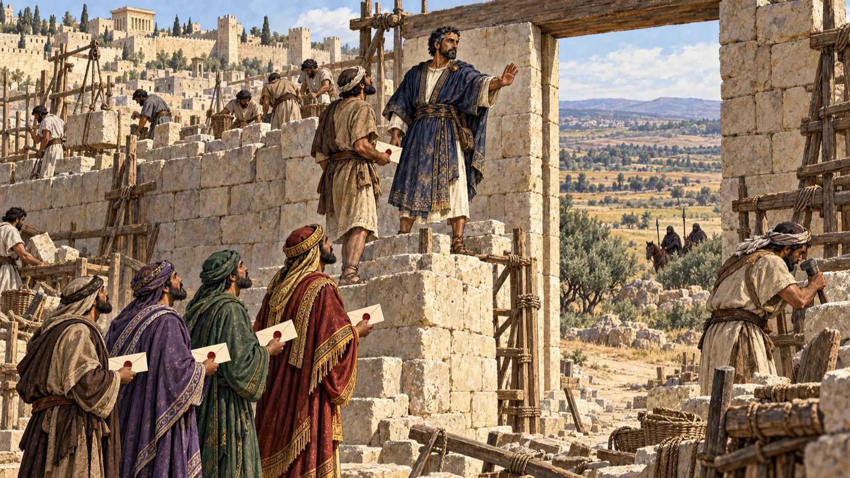 Four couriers offer sealed invitations while Nehemiah keeps builders working beside an unfinished gate.
