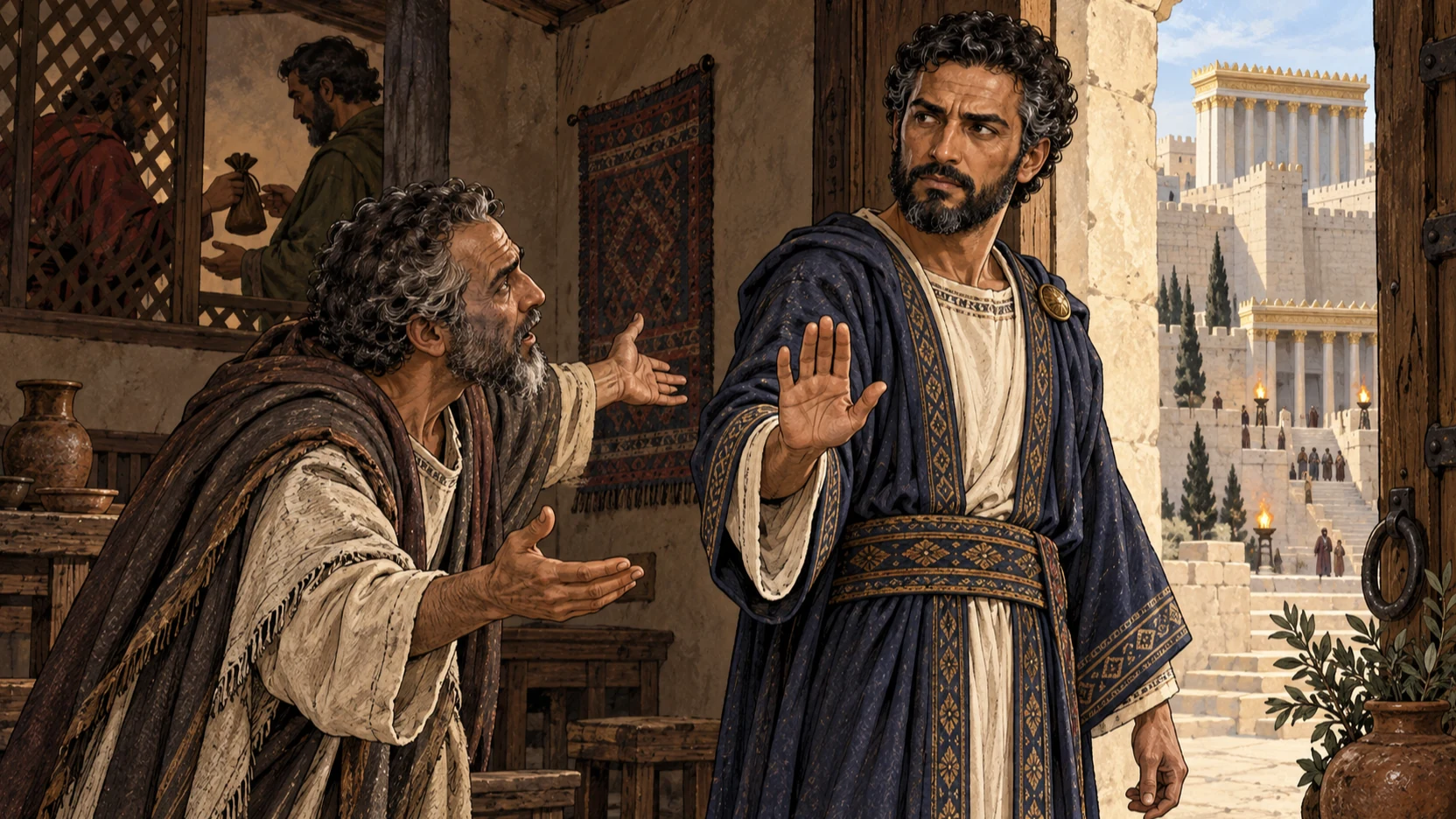 Nehemiah refuses Shemaiah's urgent gesture toward the temple as a hidden payment changes hands behind a lattice.