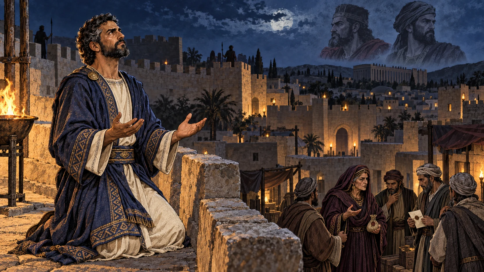 Nehemiah prays alone on the wall while Noadiah and messengers confer quietly below.