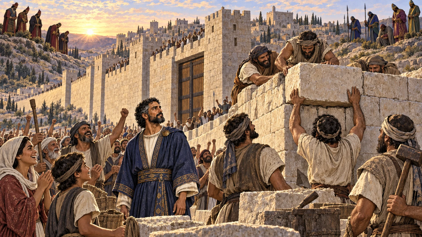 The community sets the final stone beside closed gate doors as neighboring delegations lower their gaze.