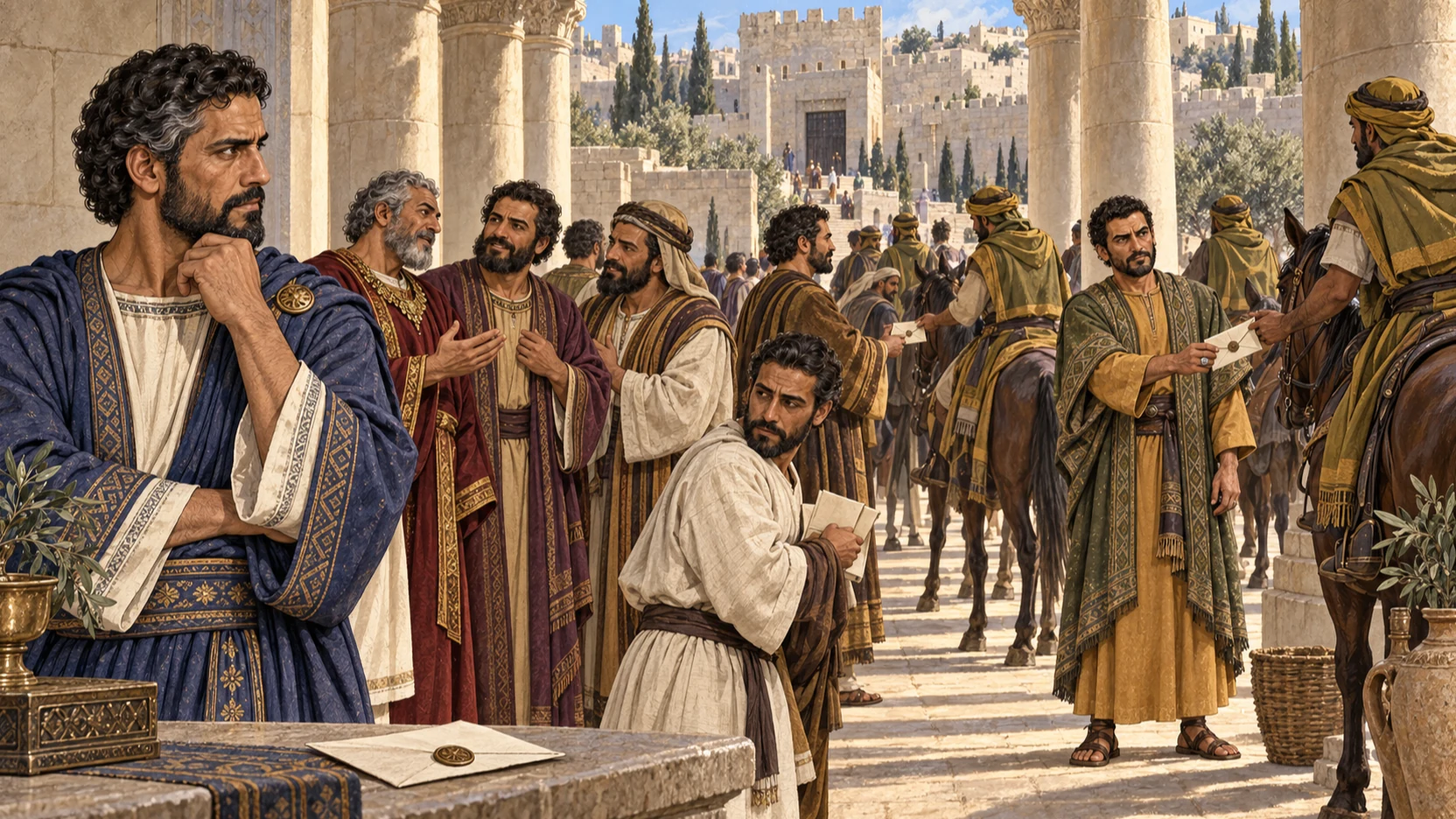 Judean nobles and mounted couriers exchange sealed letters with Tobiah while Nehemiah watches soberly.