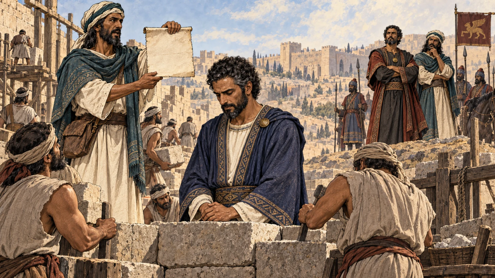 A courier exposes a blank open letter while Nehemiah rejects the rumor and workers continue behind him.