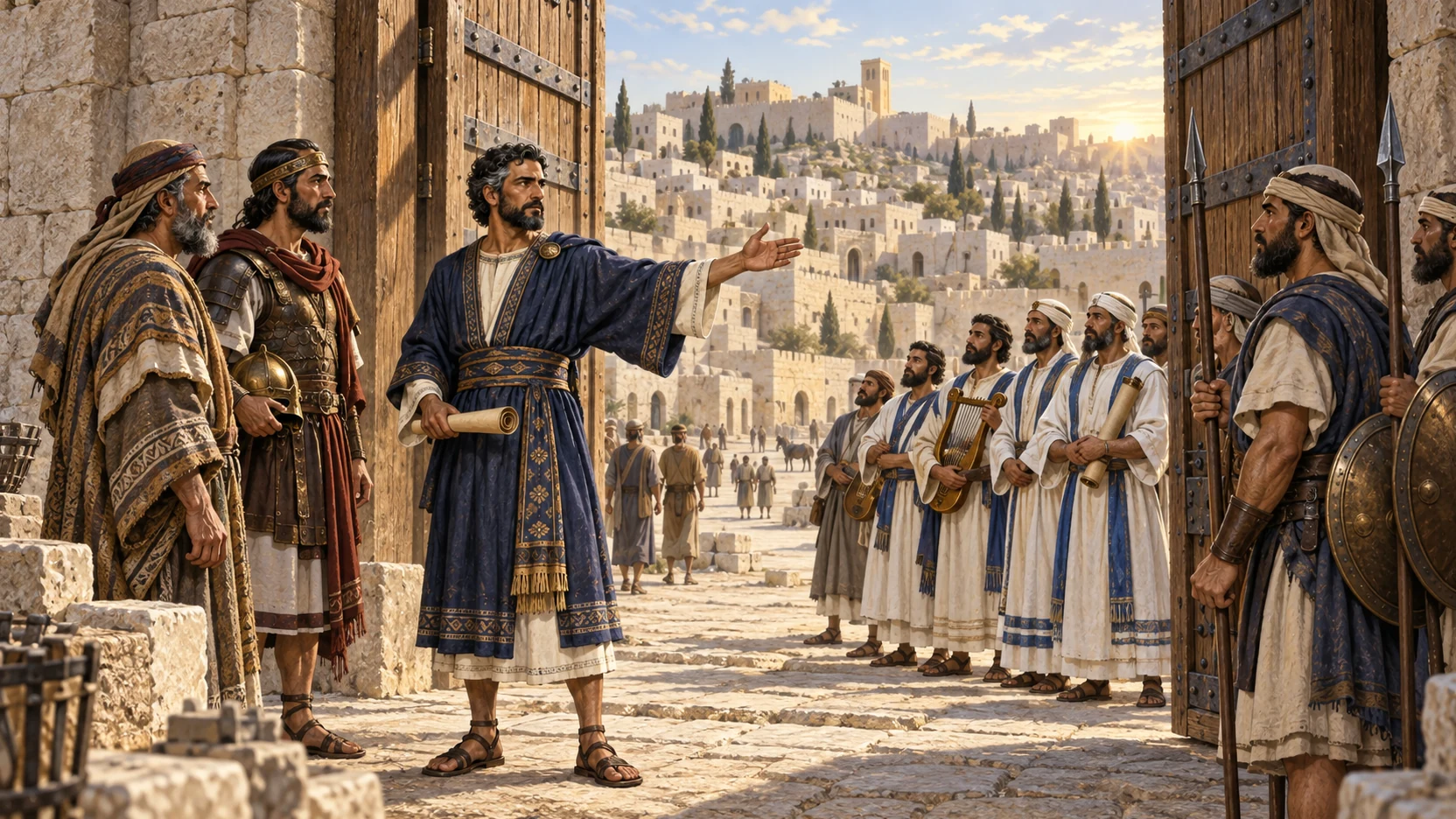 Nehemiah appoints gatekeepers, singers, Levites, and trusted leaders beside Jerusalem's new doors.
