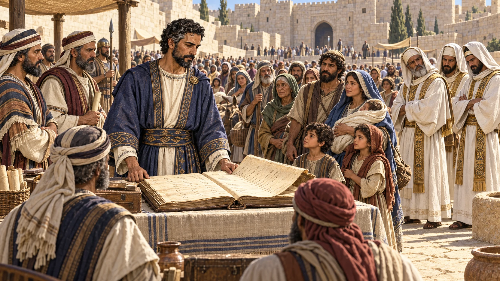 Nehemiah oversees families gathered around an old genealogical register while priestly claimants wait apart.
