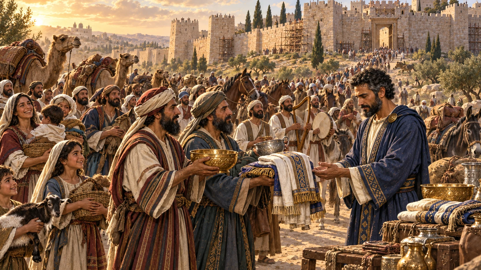 A large returned community approaches Jerusalem with animals while leaders present vessels and priestly garments.