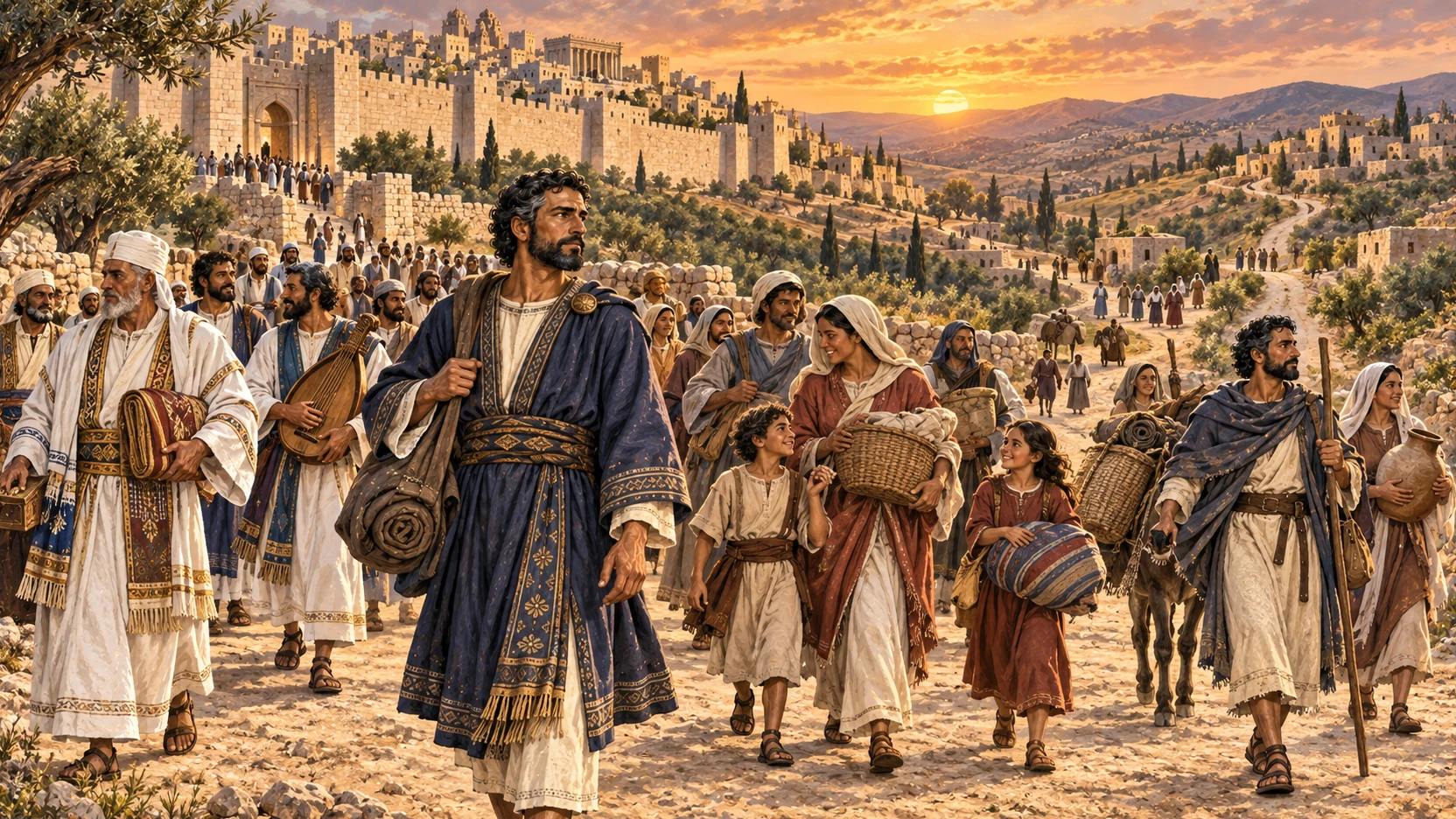 Priests, Levites, singers, gatekeepers, and families travel from Jerusalem toward their towns at sunset.