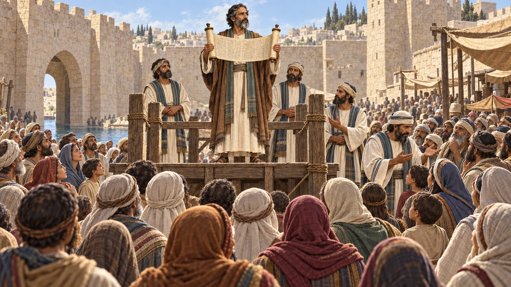 Ezra reads from a wooden platform before men, women, and children while Levites explain among them.