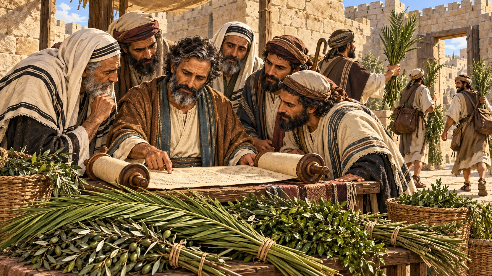 Ezra studies a scroll with family heads, priests, and Levites beside piles of fresh leafy branches.