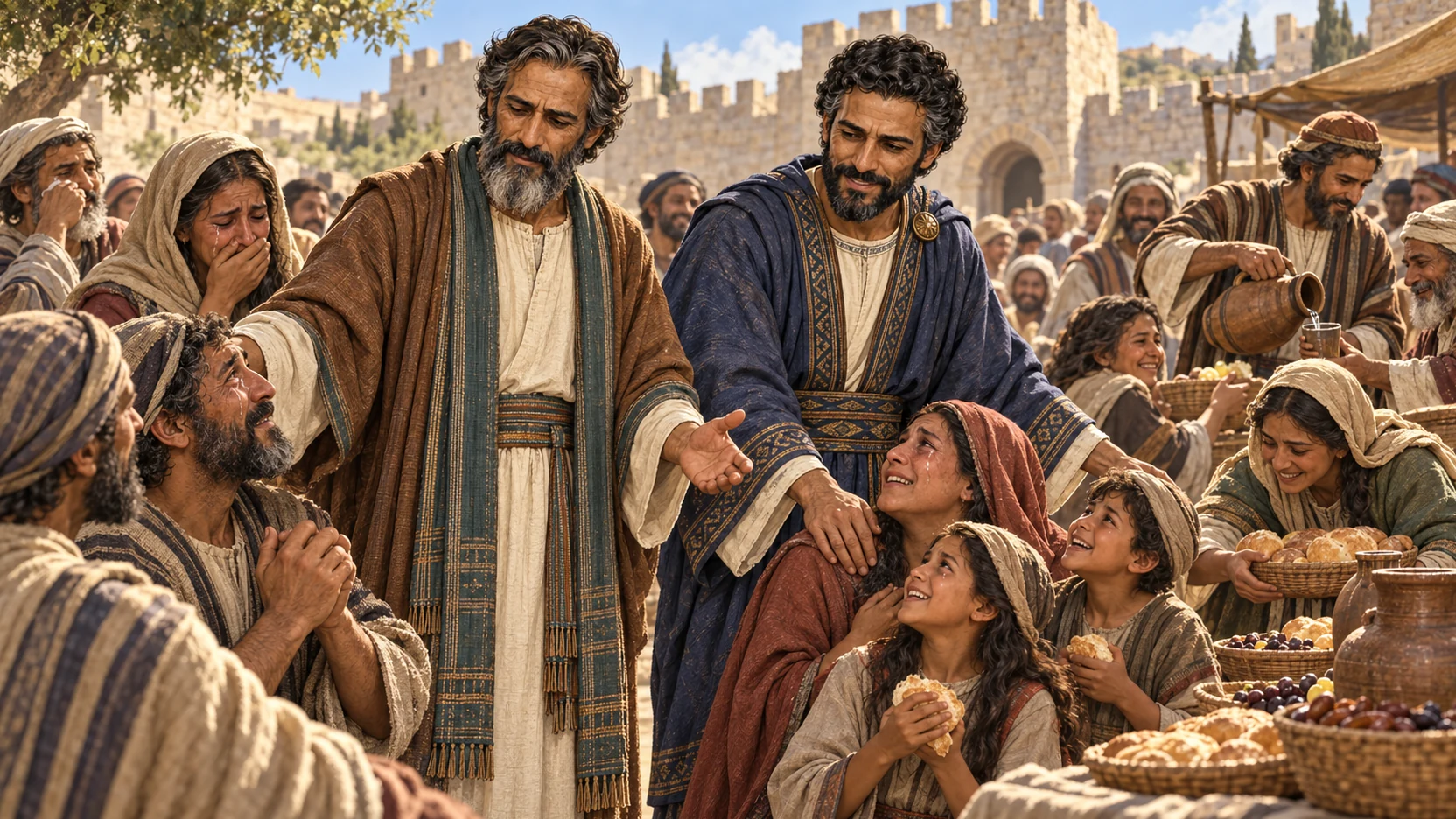 Ezra and Nehemiah comfort tearful families as food and drink are shared throughout the square.