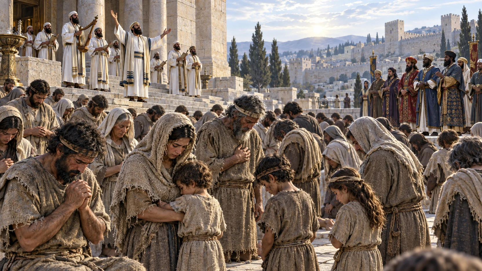 Families in sackcloth bow in confession while Levites lead worship from the temple steps.