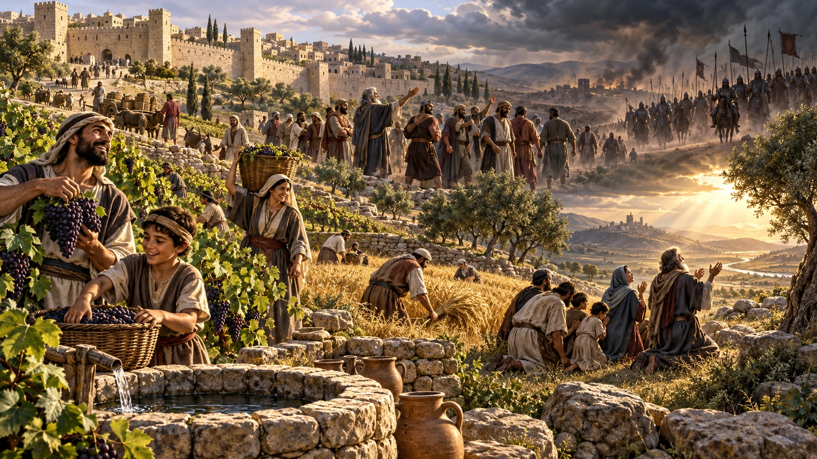 Prosperous fields give way to approaching armies while a distressed remnant kneels toward returning light.
