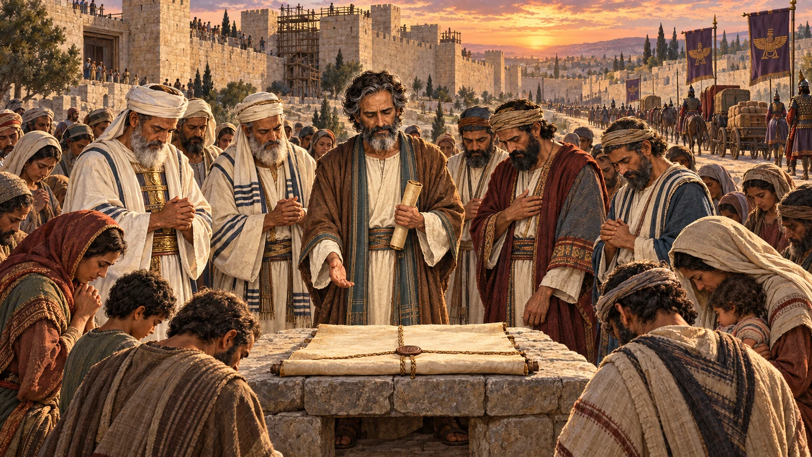 Ezra and the community bow around a sealed covenant while Persian tribute wagons pass beyond Jerusalem.