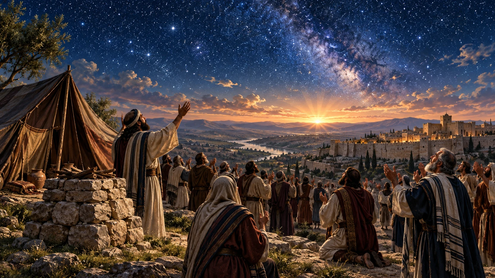 Worshipers look beneath a star-filled sky beside an ancient tent, altar, and the distant promised land.