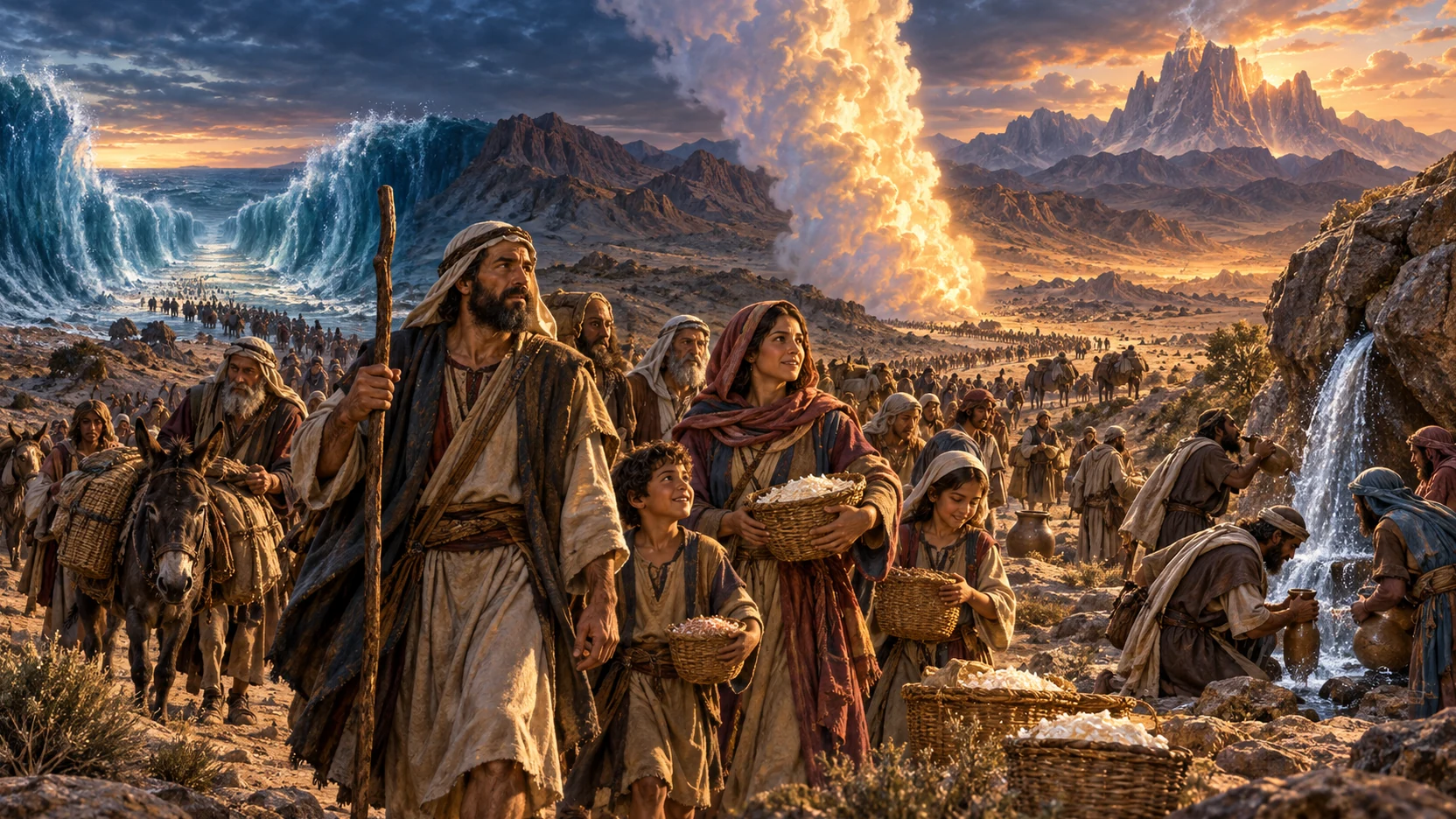 Israelite families cross the wilderness with the parted sea behind, a guiding cloud ahead, and food and water supplied.