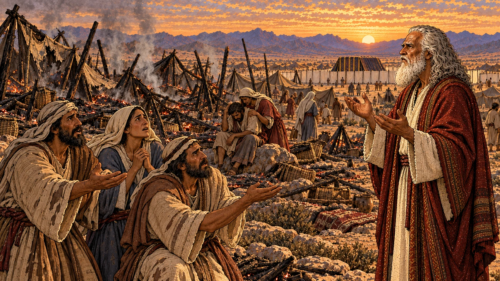 Moses prays and the fire subsides