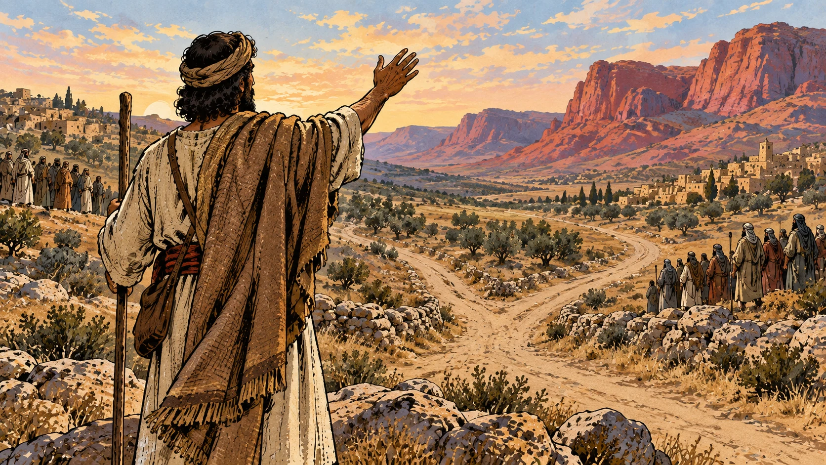 An anonymous envoy raises his hand toward listeners and roads leading to red hills.