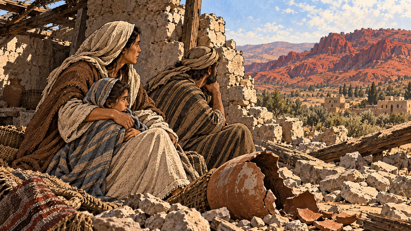 A clothed household shelters behind damaged walls with a broken jar in the foreground.