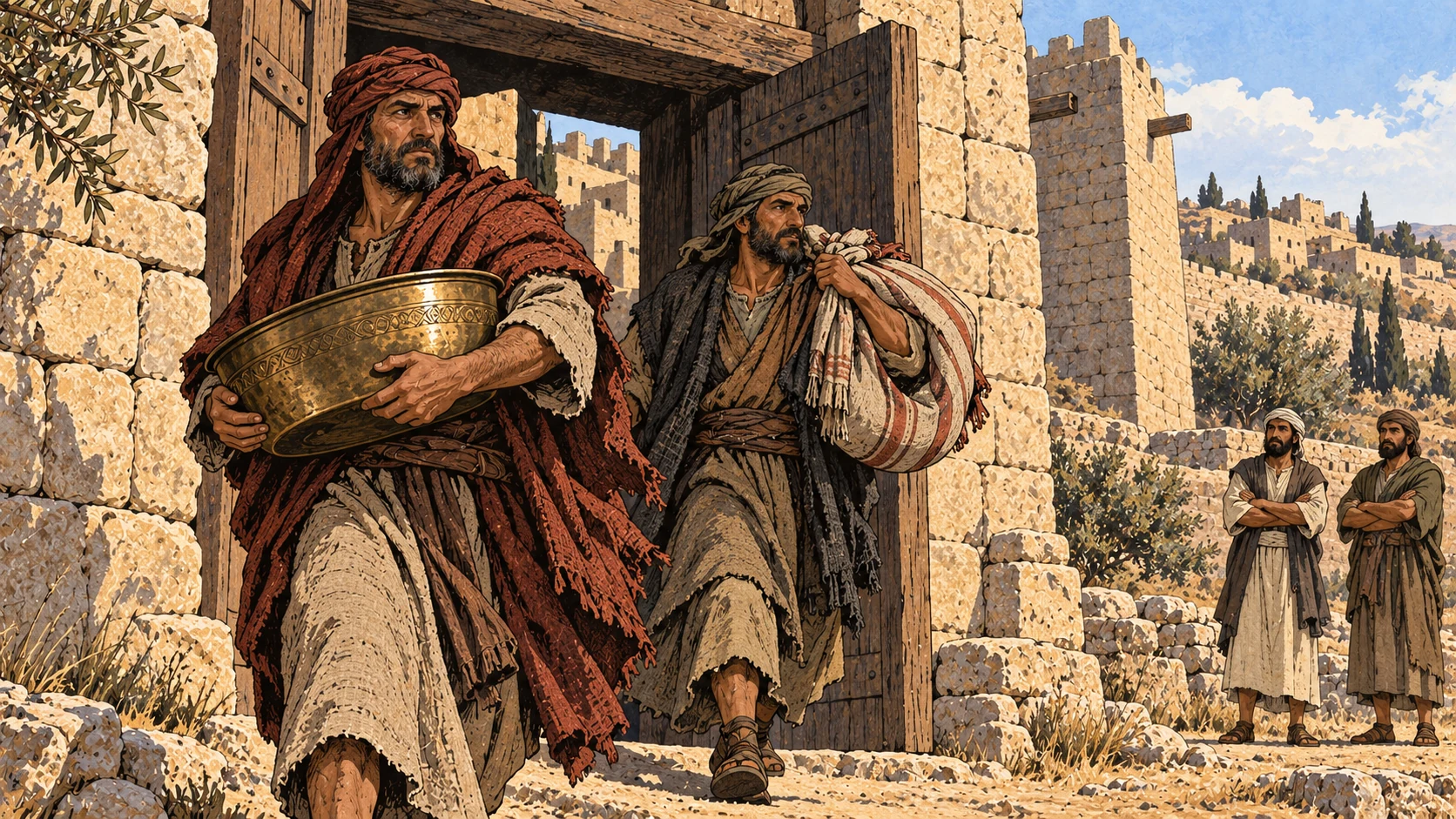 Two plunderers leave a timber gateway carrying a basin and bundle while onlookers stand apart.