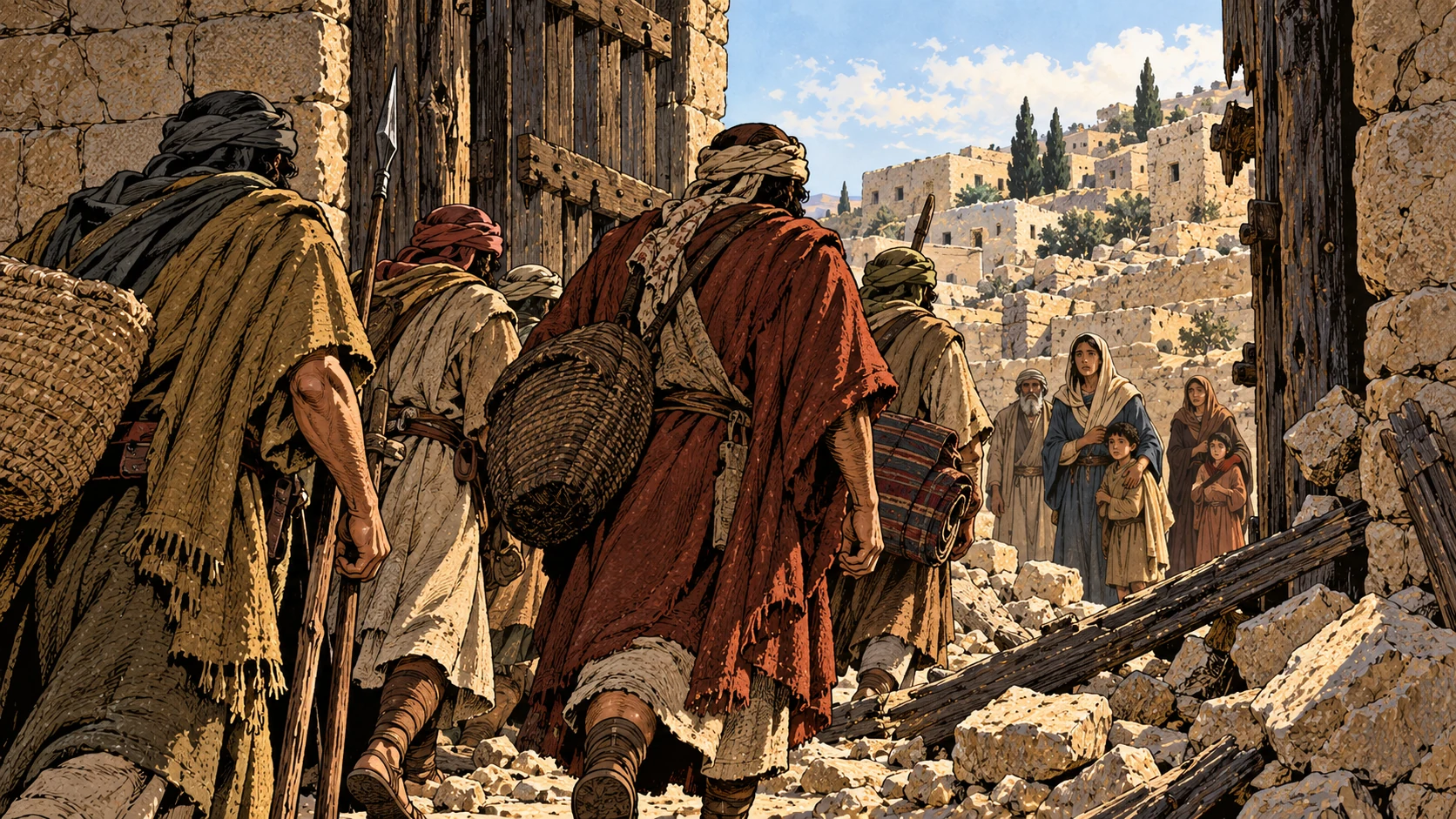 Intruders cross a damaged gateway toward concerned households inside the city.
