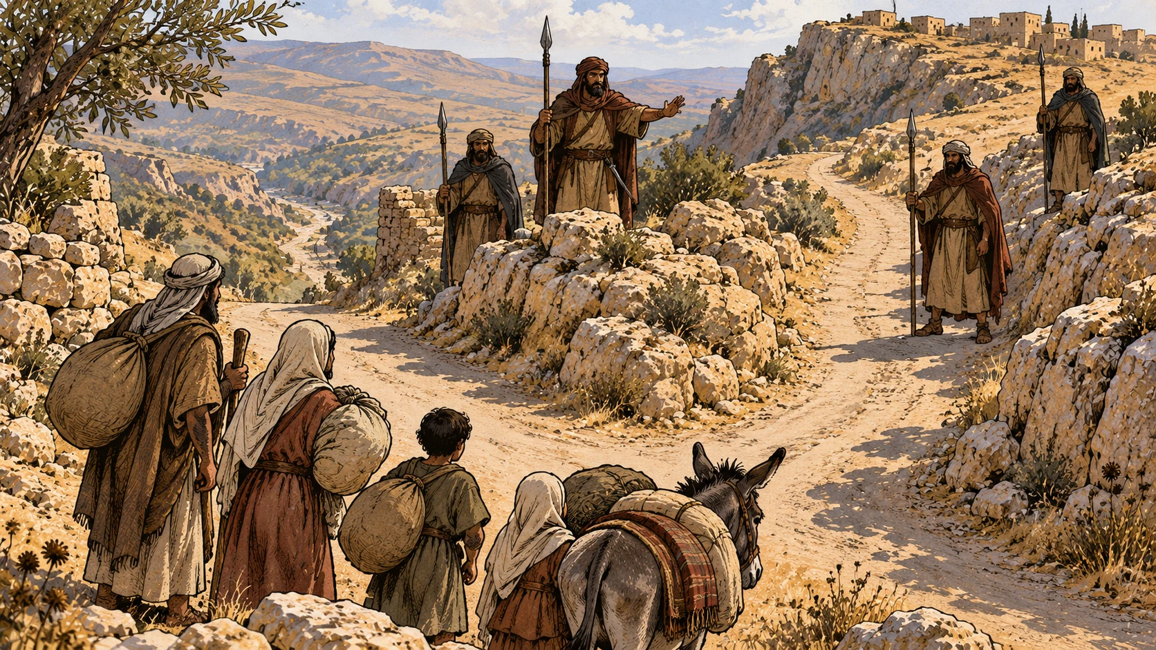 A household pauses with bundles and a pack animal at a crossroads blocked by armed men.
