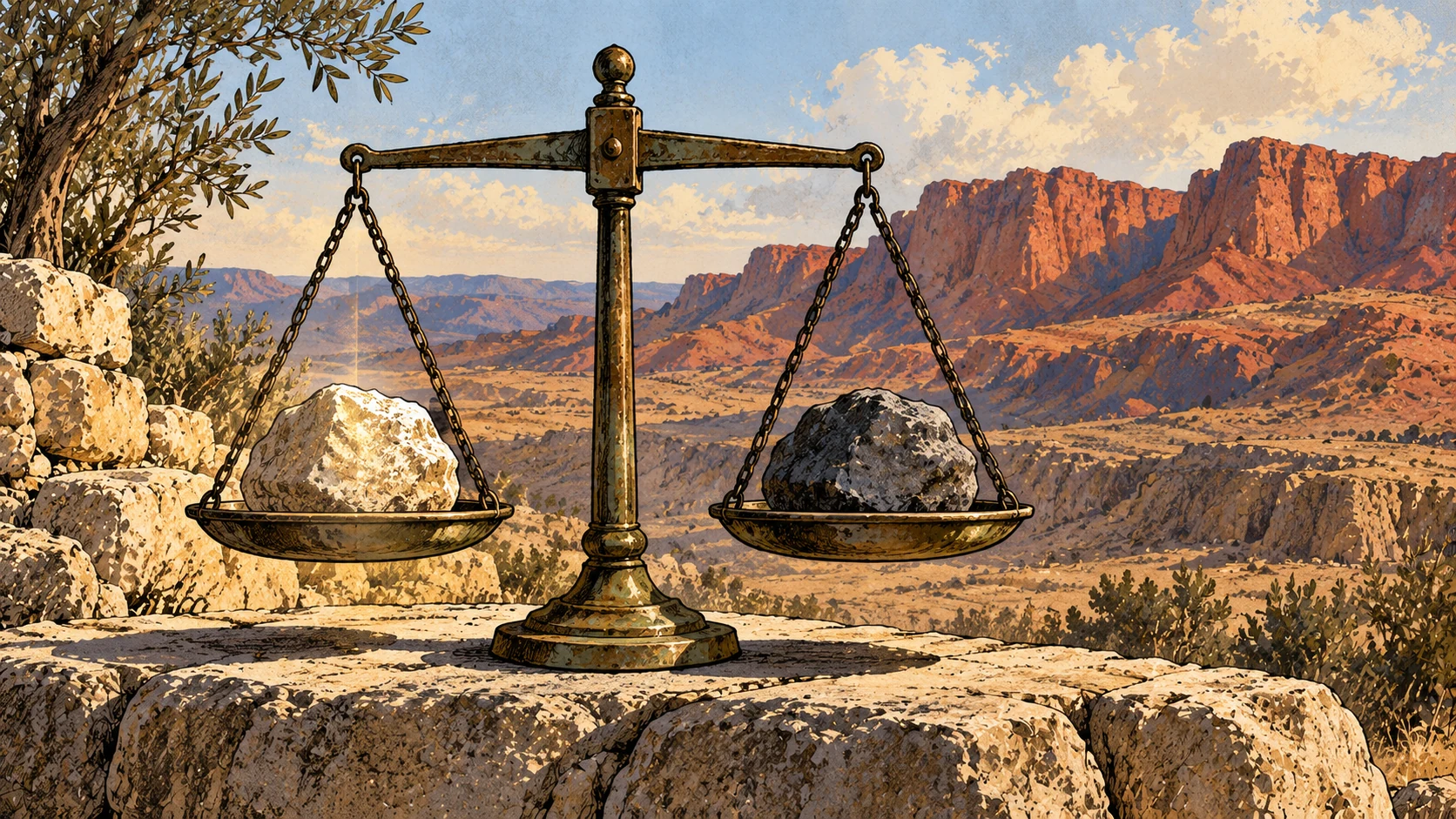 A level bronze balance holds two stones against red mountain ridges.