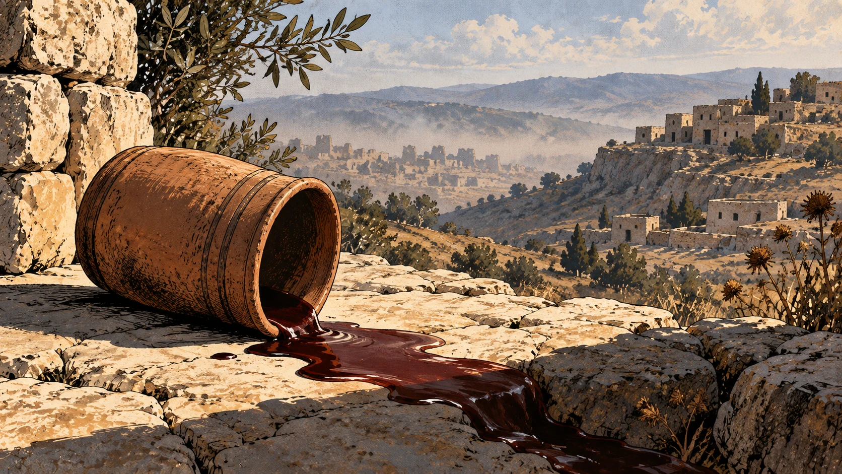 A tipped clay vessel spills dark liquid toward shadow above misty settlements.