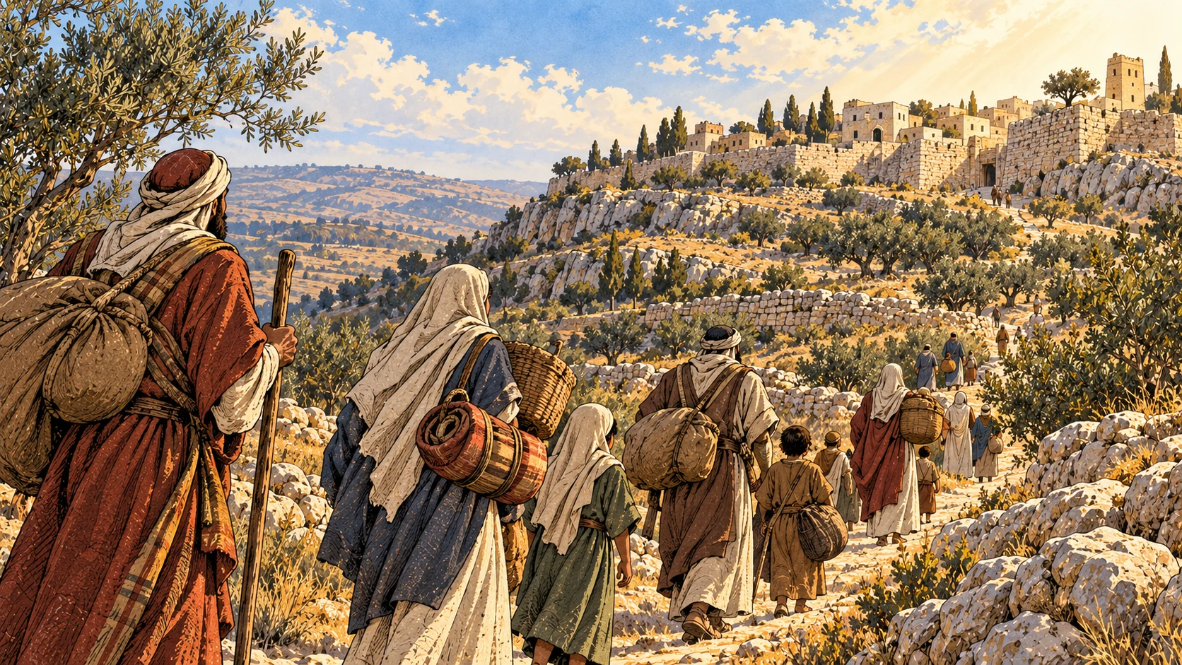 Clothed households approach a sunlit limestone ridge settlement with their bundles.