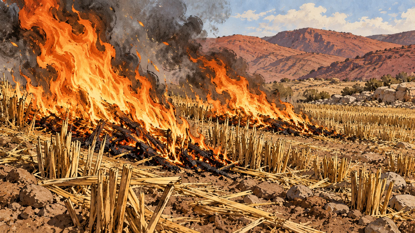 Two separated flames consume dry stubble in a harvested field.