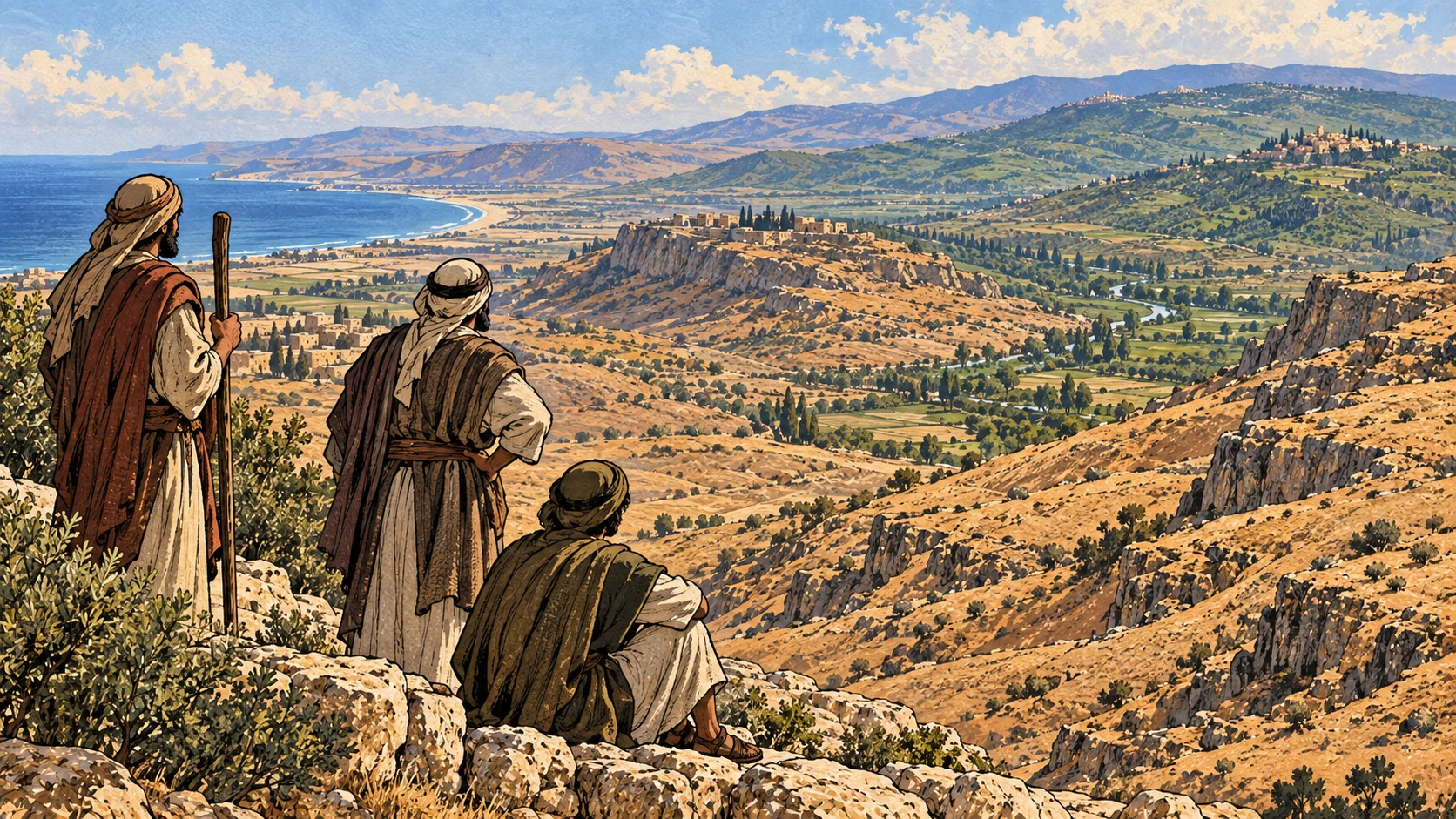 Three anonymous observers overlook a panorama of coastal lowlands, dry slopes and green hills.