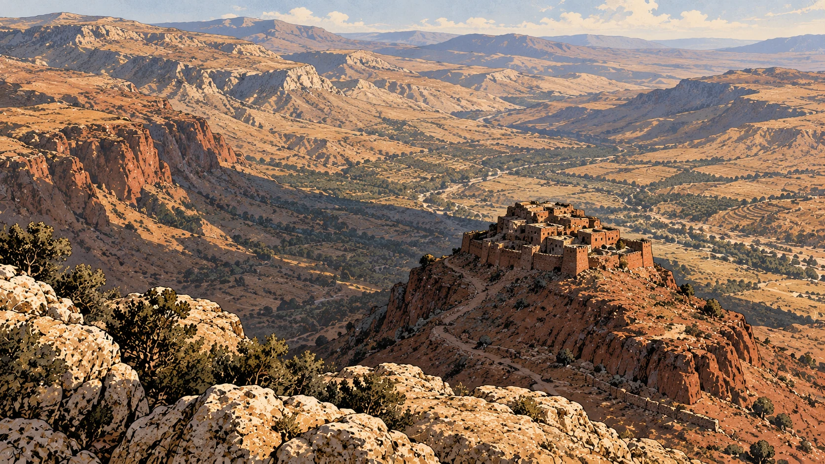 A small hill settlement is dwarfed by an immense surrounding valley.