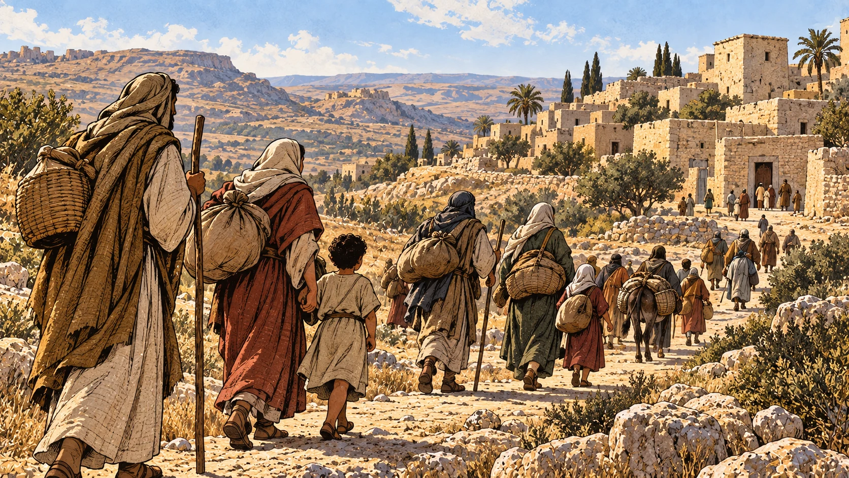 Traveling households and a pack animal approach a modest southern stone town.