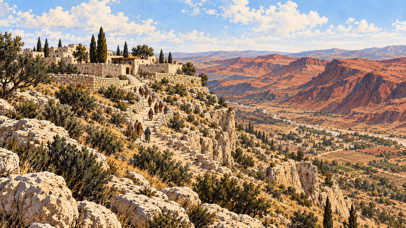 Small human figures ascend an upper limestone ridge path above a broad red valley.