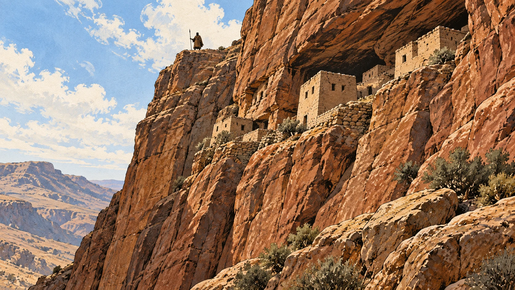Simple stone dwellings occupy high rock clefts beneath a distant sentinel.