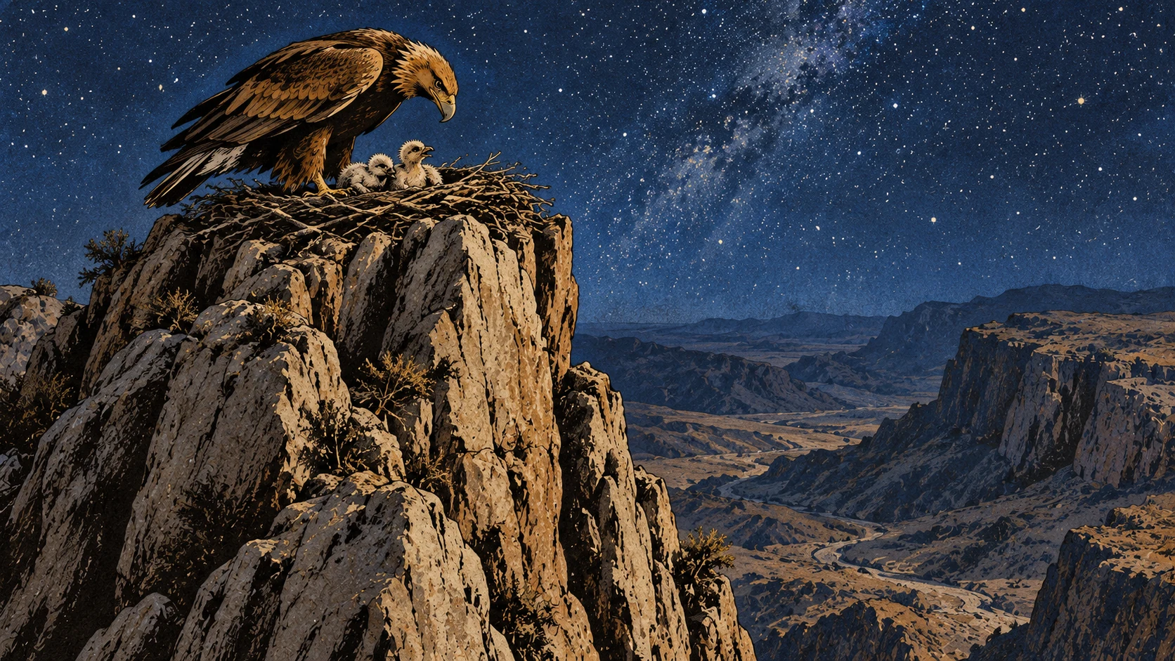 An eagle tends a nest on a high crag beneath a star-filled sky.